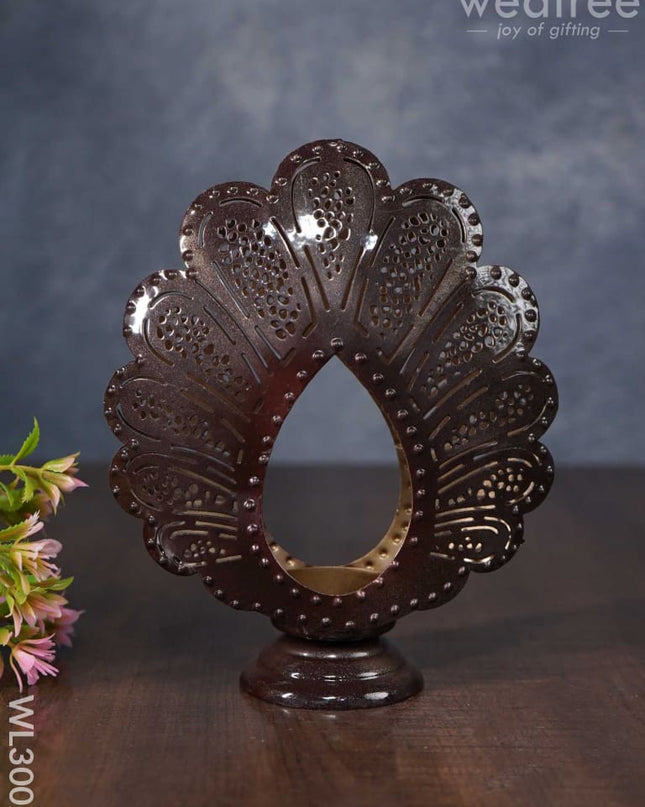 Metal Peacock Feather Shaped T-Light Holder In Distressed Finish - Wl3002 Candles And Votives