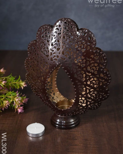 Metal Peacock Feather Shaped T-Light Holder In Distressed Finish - Wl3004 Candles And Votives