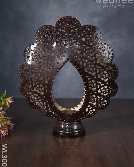 Metal Peacock Feather Shaped T-Light Holder In Distressed Finish - Wl3004 Candles And Votives