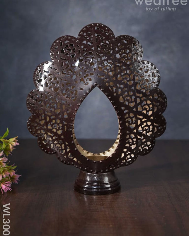 Metal Peacock Feather Shaped T-Light Holder In Distressed Finish - Wl3004 Candles And Votives