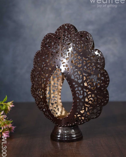 Metal Peacock Feather Shaped T-Light Holder In Distressed Finish - Wl3004 Candles And Votives