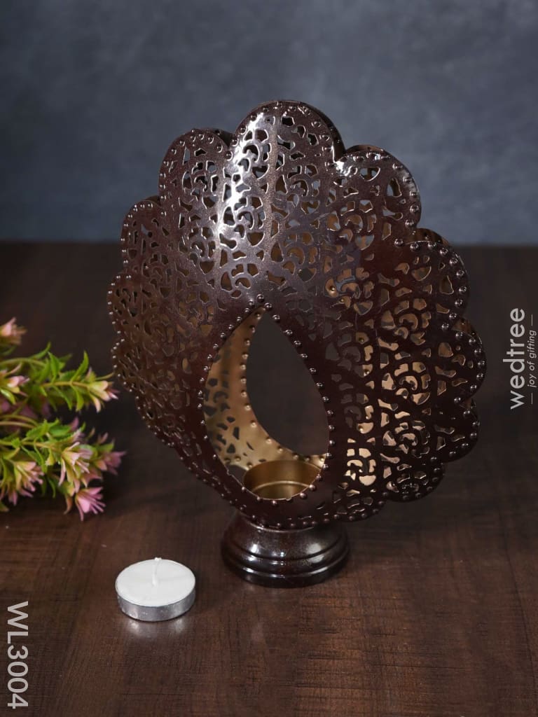 Metal Peacock Feather Shaped T-Light Holder In Distressed Finish - Wl3004 Candles And Votives