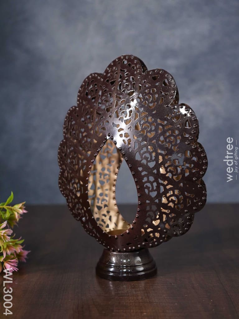 Metal Peacock Feather Shaped T-Light Holder In Distressed Finish - Wl3004 Candles And Votives