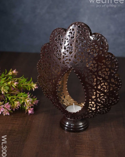 Metal Peacock Feather Shaped T-Light Holder In Distressed Finish - Wl3004 Candles And Votives