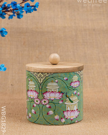 Metal Pichwai Design Jar with Wooden Lid - WBG1829-1 - Tin Jars & Boxes RG