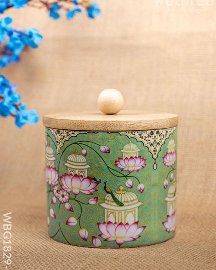 Metal Pichwai Design Jar with Wooden Lid - WBG1829-1 - Tin Jars & Boxes RG