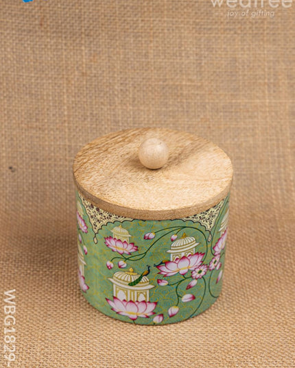 Metal Pichwai Design Jar with Wooden Lid - WBG1829-1 - Tin Jars & Boxes RG