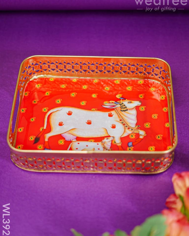 Rectangular Brass Tray With Pichwai Design - Red Wl3920 Utility