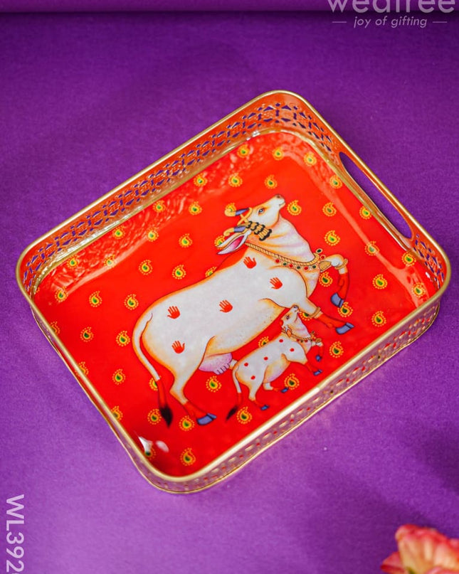 Rectangular Brass Tray With Pichwai Design - Red Wl3920 Utility