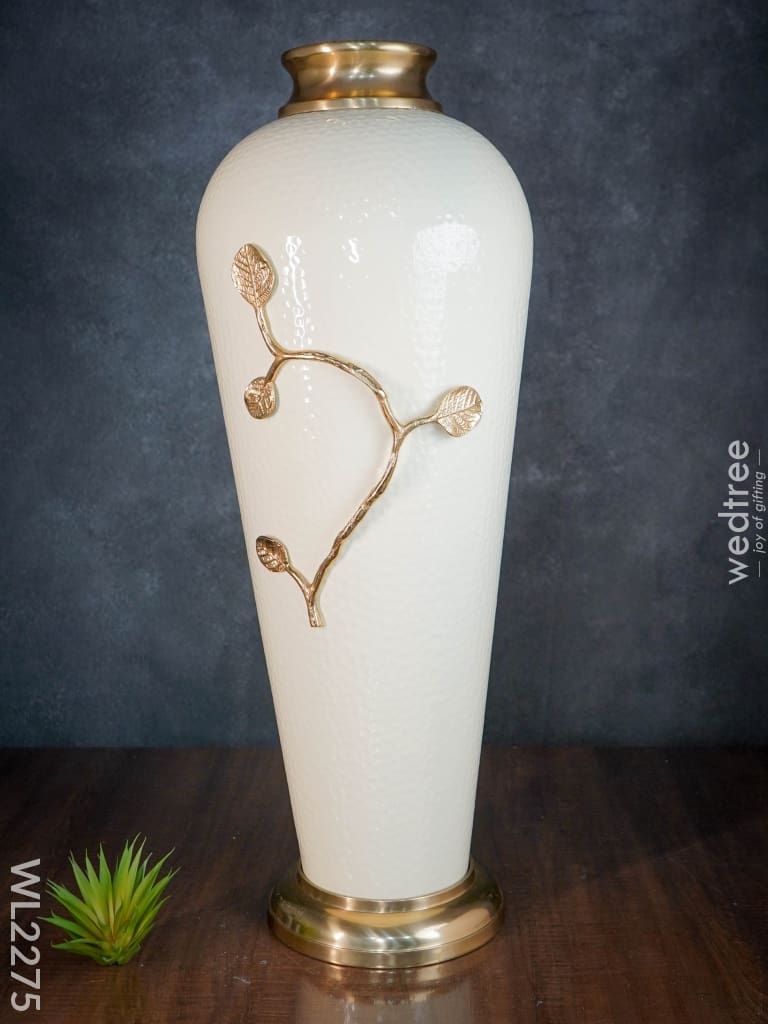 Metal Vase In White With Brass Antique Floral Embossing (29 Inch) - Wl2275 Vases