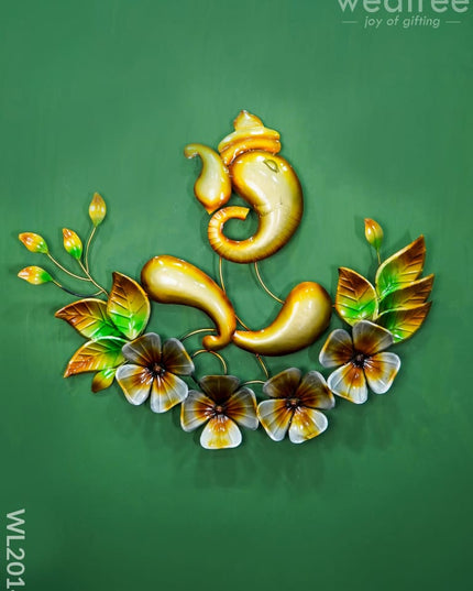 Metal Wall Decor - Golden Ganesha With Flowers Wl2014 Hanging
