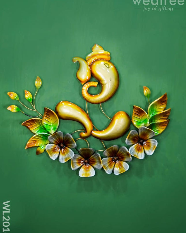Metal Wall Decor - Golden Ganesha With Flowers Wl2014 Hanging