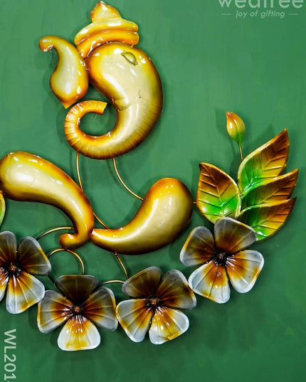 Metal Wall Decor - Golden Ganesha With Flowers Wl2014 Hanging