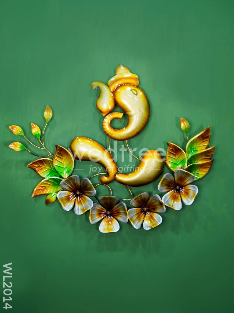 Metal Wall Decor - Golden Ganesha With Flowers Wl2014 Hanging