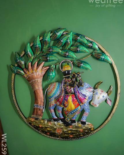 Metal Wall Frame - Krishna With Cow Wl2591 Decor Hanging