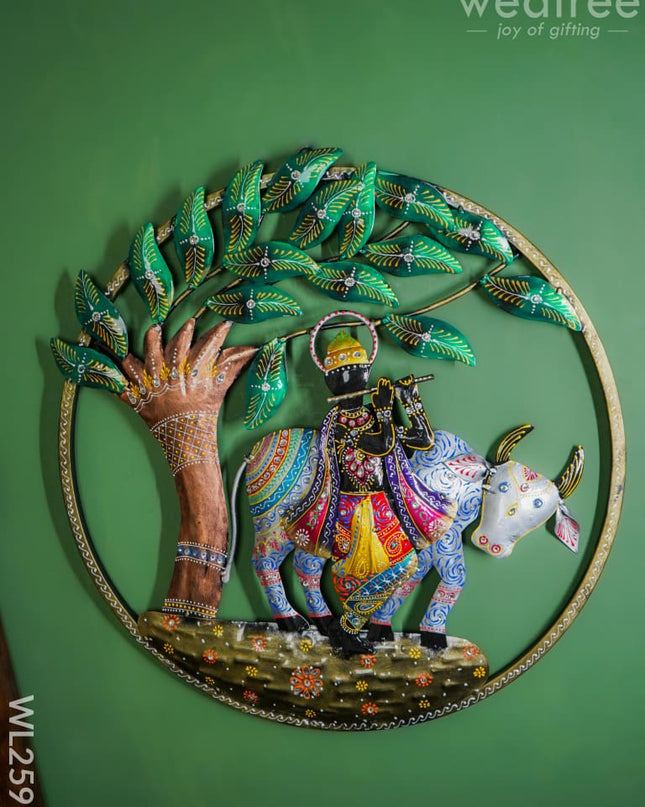 Metal Wall Frame - Krishna With Cow Wl2591 Decor Hanging