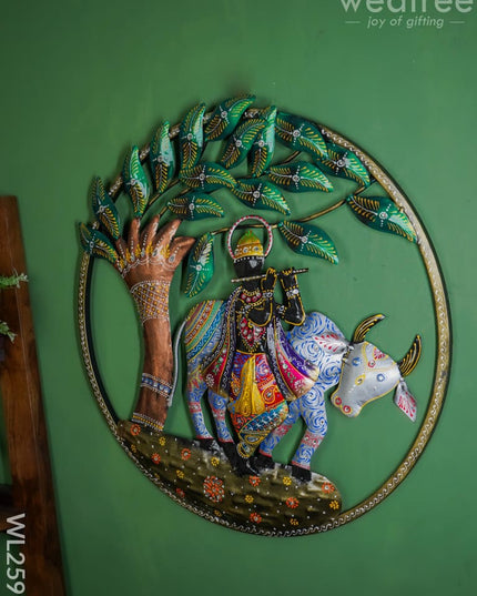 Metal Wall Frame - Krishna With Cow Wl2591 Decor Hanging