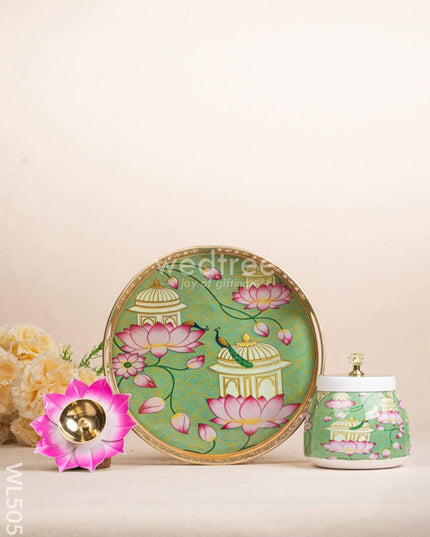 Mugal Art Themed Metal Tray with Dry Fruit Jar and Diya Set - WL5055 Metal Decor Utility