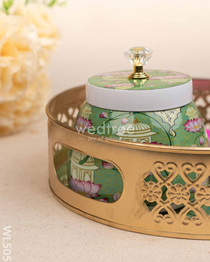 Mugal Art Themed Metal Tray with Dry Fruit Jar and Diya Set - WL5055 Metal Decor Utility
