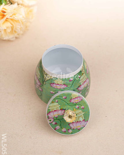 Mugal Art Themed Metal Tray with Dry Fruit Jar and Diya Set - WL5055 Metal Decor Utility