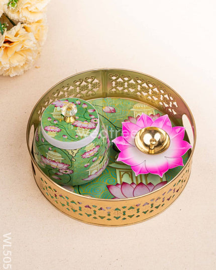 Mugal Art Themed Metal Tray with Dry Fruit Jar and Diya Set - WL5055 Metal Decor Utility