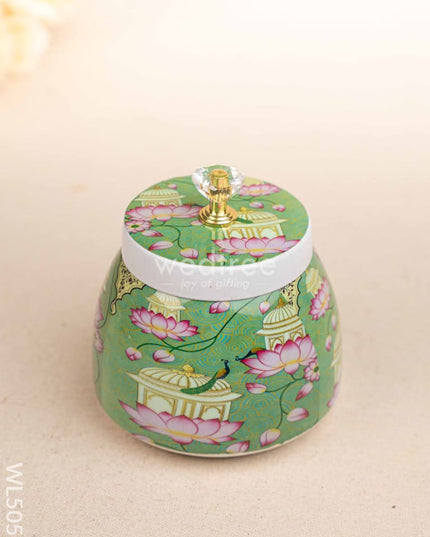 Mugal Art Themed Metal Tray with Dry Fruit Jar and Diya Set - WL5055 Metal Decor Utility