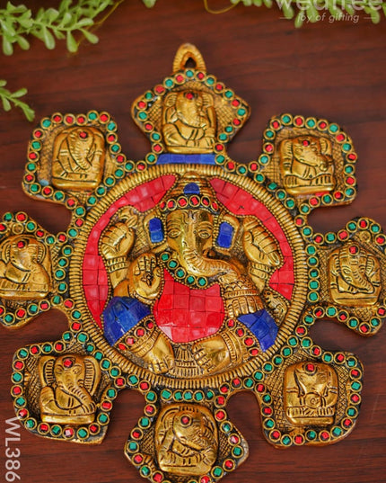 White Metal Navaganesha Wall Hanging With Multi-Colour Stone Work - Wl3867