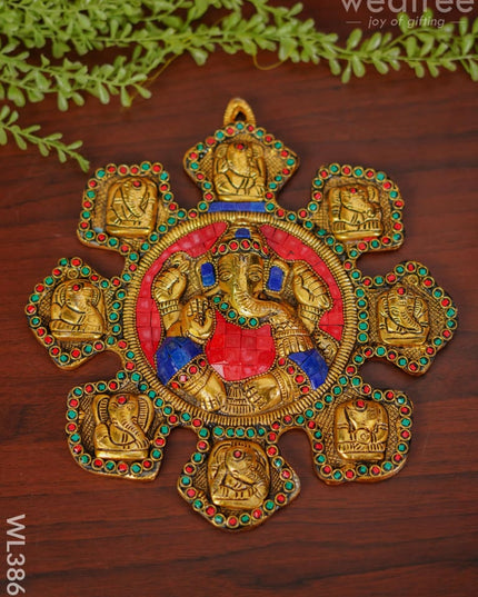 White Metal Navaganesha Wall Hanging With Multi-Colour Stone Work - Wl3867