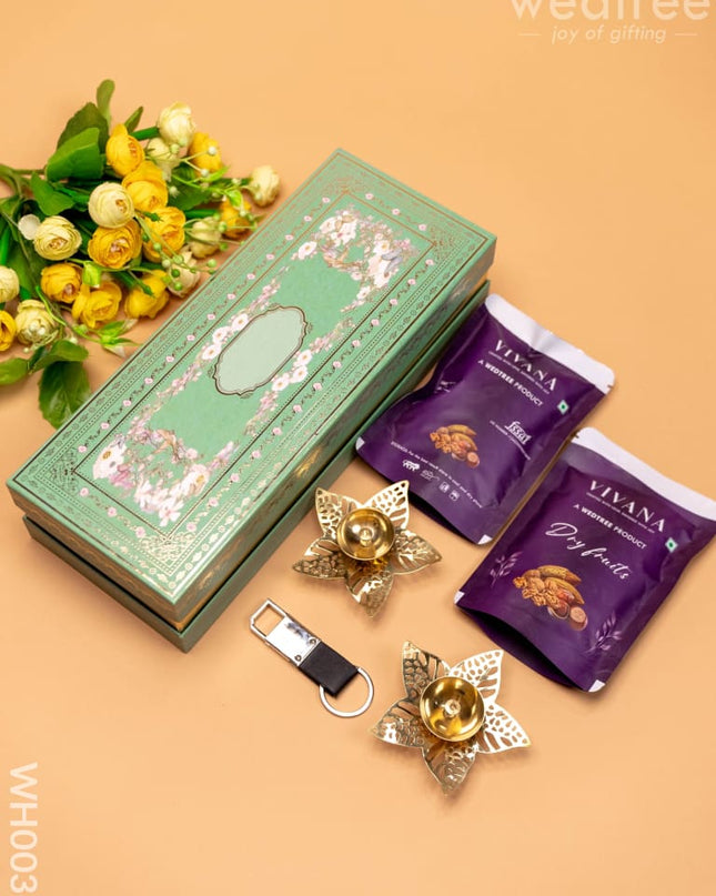 New Year Hamper 2 - Brass Diya Keychain And Dry Fruits Wh0036 Hampers
