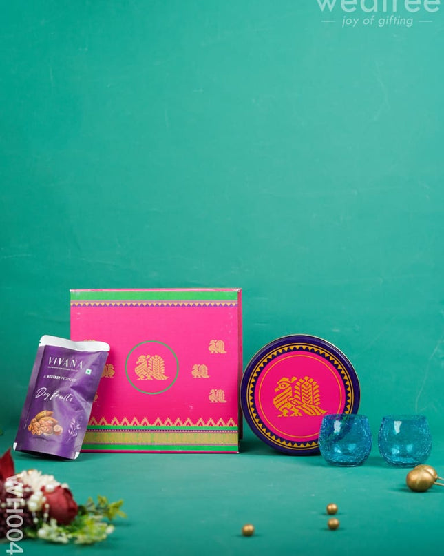 New Year Hamper 9 - Kanjivaram Box Candle Holder And Dry Fruit Wh0043 Hampers