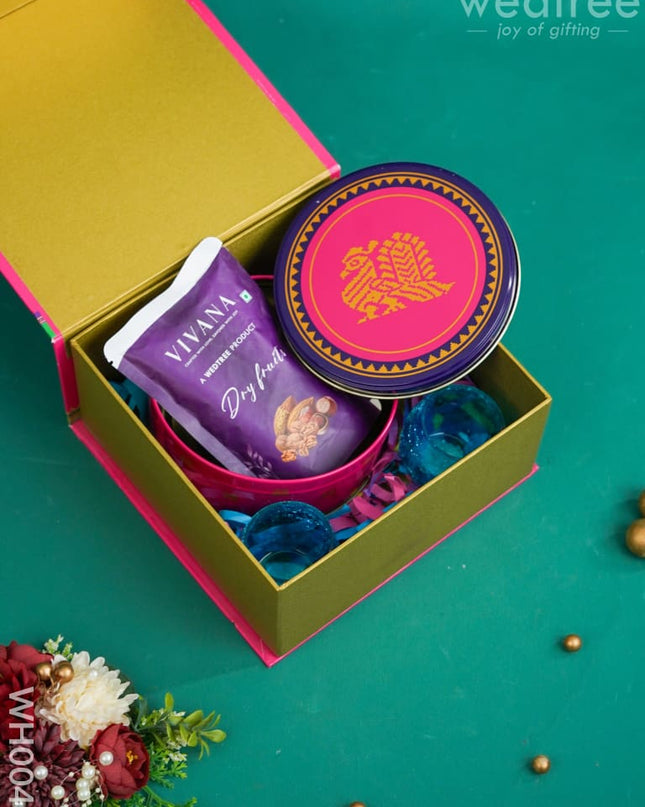 New Year Hamper 9 - Kanjivaram Box Candle Holder And Dry Fruit Wh0043 Hampers