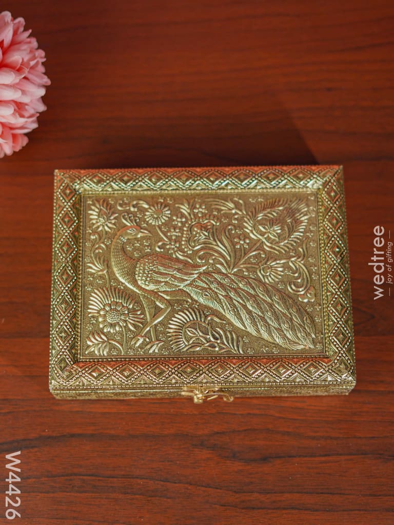 Oxidised Dry Fruit Box With Peacock Embossing Small - W4426 Dry Fruit Box