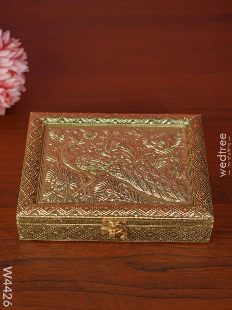Oxidised Dry Fruit Box With Peacock Embossing Small - W4426 Dry Fruit Box