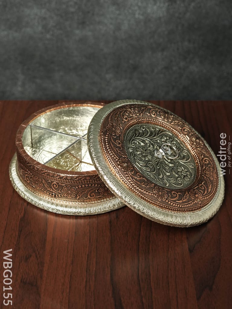 Oxidised Embossed Round Dry Fruit Box With Floral Design - Wbg0155