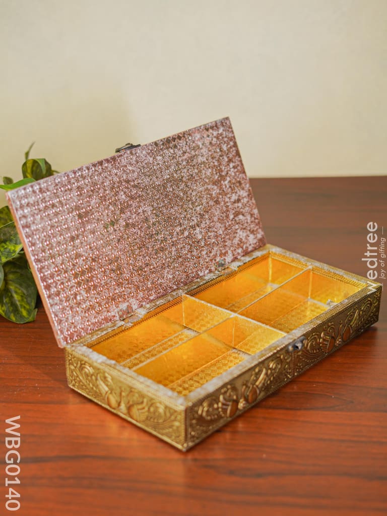 Oxidised Golden And Red Embossed Dry Fruit Box With Peacock Floral Design - 12X6Inches Wbg0140