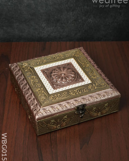 Oxidised Golden Embossed Dry Fruit Box With Floral And Peacock Design - 8X8 Inches Wbg0157