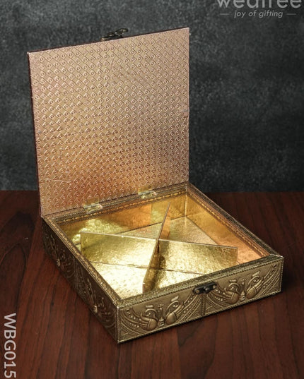 Oxidised Golden Embossed Dry Fruit Box With Floral And Peacock Design - 8X8 Inches Wbg0157