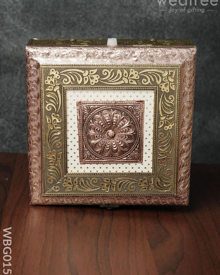 Oxidised Golden Embossed Dry Fruit Box With Floral And Peacock Design - 8X8 Inches Wbg0157
