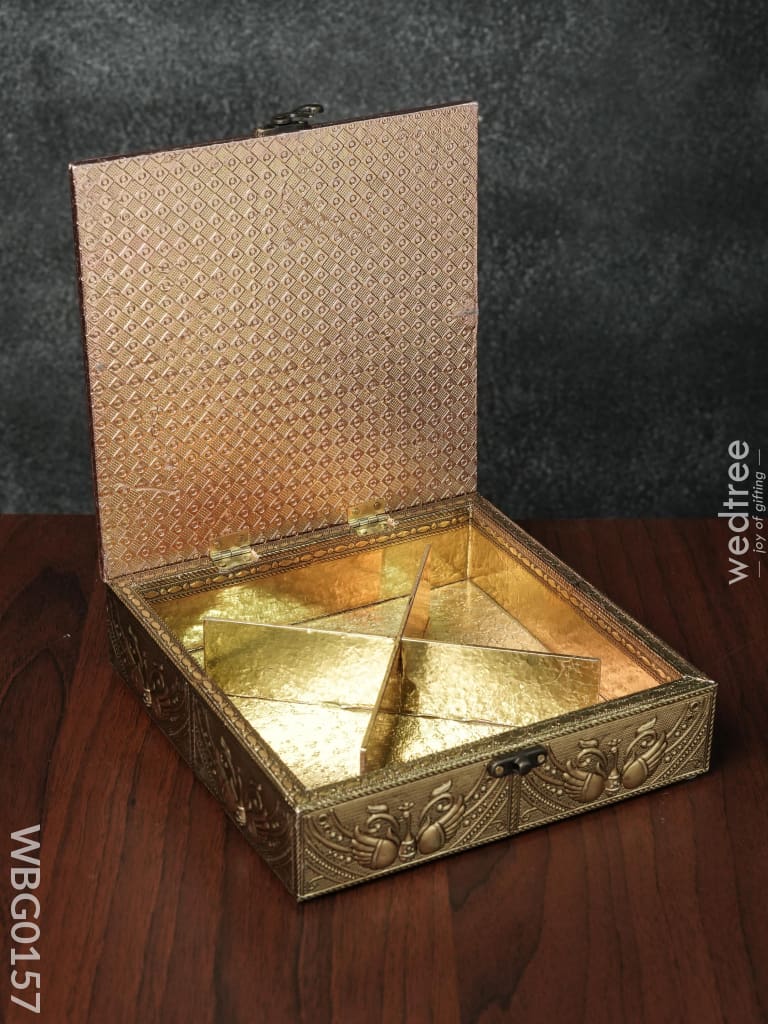 Oxidised Golden Embossed Dry Fruit Box With Floral And Peacock Design - 8X8 Inches Wbg0157