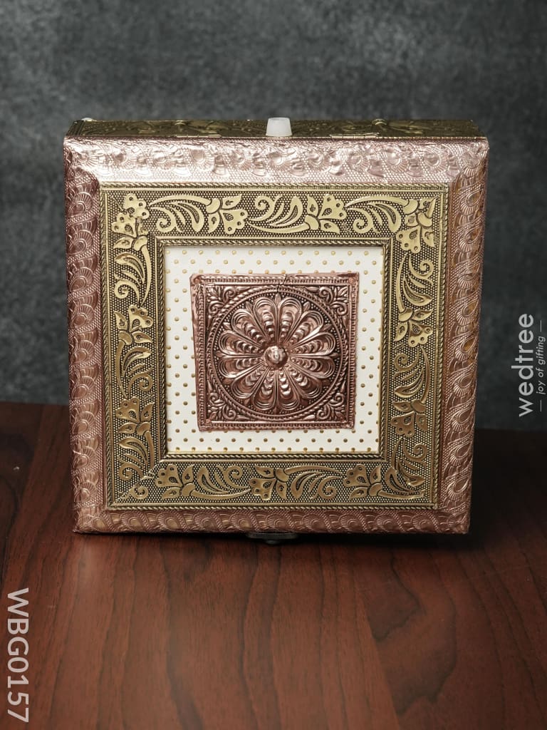 Oxidised Golden Embossed Dry Fruit Box With Floral And Peacock Design - 8X8 Inches Wbg0157