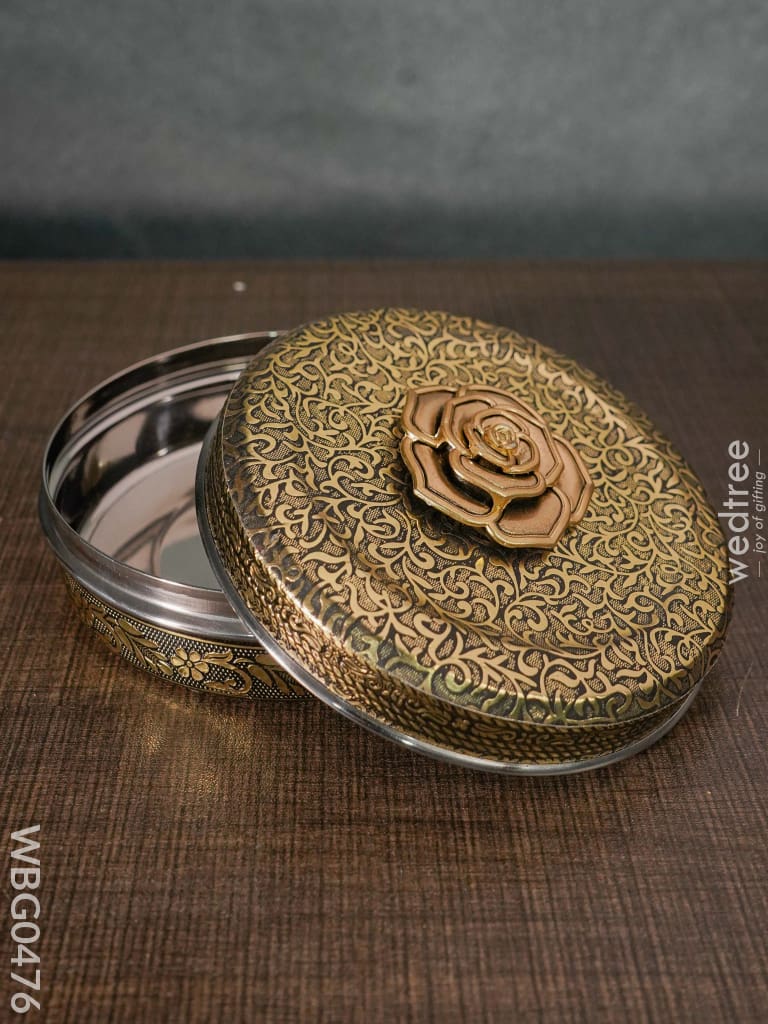 Oxidised Poori Box With Metal Rose - 4.5 Inches Wbg0476 Stainless Steel Utility