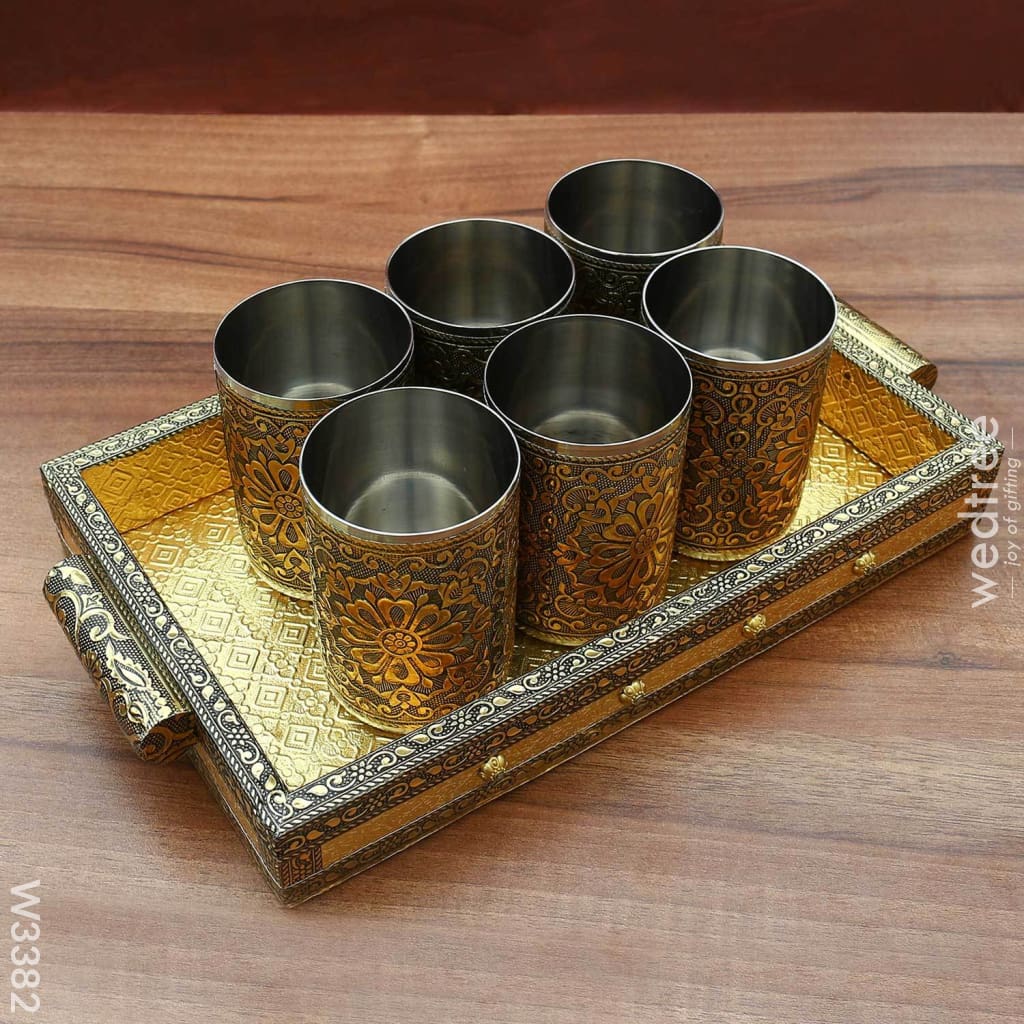 Oxidised Tray With 6 Glass Utility Return Gifts