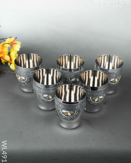 Oxidized 6 Glass Tray Set - 4 inch - WL4912 Meenakari Tray Sets