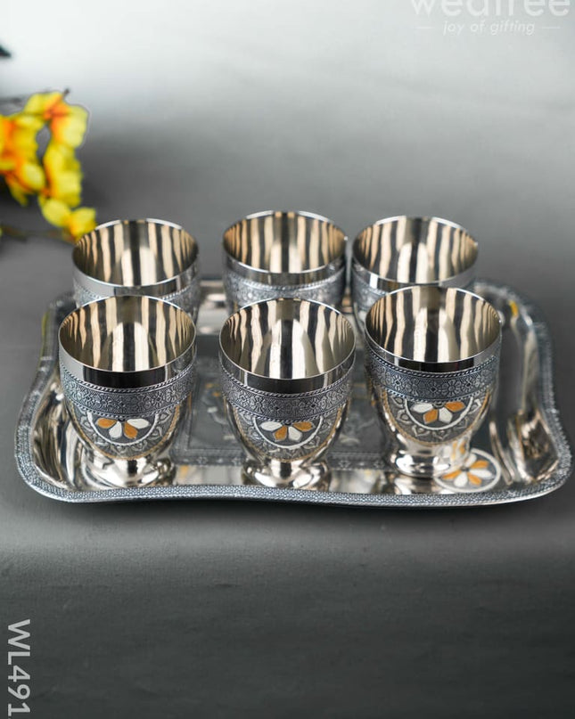 Oxidized 6 Glass Tray Set - 4 inch - WL4912 Meenakari Tray Sets