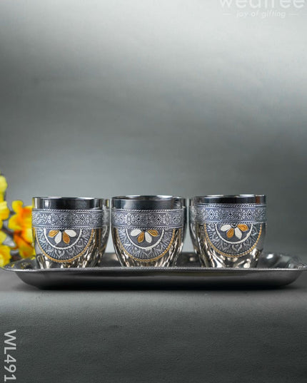 Oxidized 6 Glass Tray Set - 4 inch - WL4912 Meenakari Tray Sets