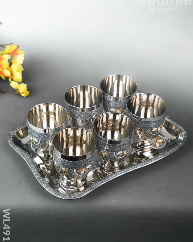 Oxidized 6 Glass Tray Set - 4 inch - WL4912 Meenakari Tray Sets