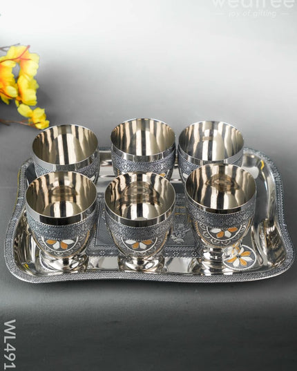 Oxidized 6 Glass Tray Set - 4 inch - WL4912 Meenakari Tray Sets