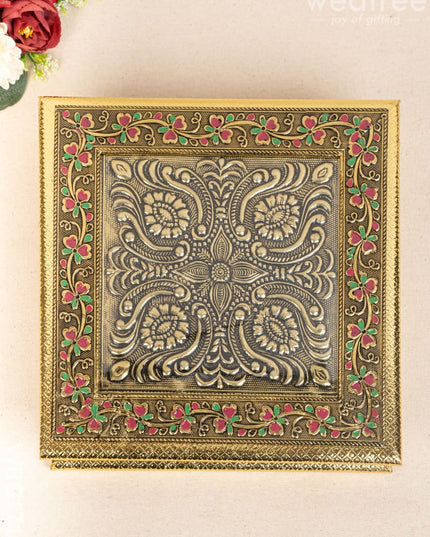Oxidized Dry Fruit Box Embossed with Flower - 10x10 inch - WBG1712