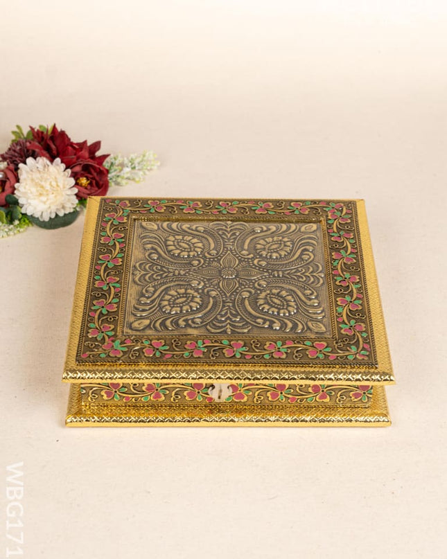 Oxidized Dry Fruit Box Embossed with Flower - 10x10 inch - WBG1712