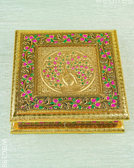 Oxidized Dry Fruit Box Embossed with Peacock - Gold - 8x8 inch - WBG1980 - Dry Fruit Box RG